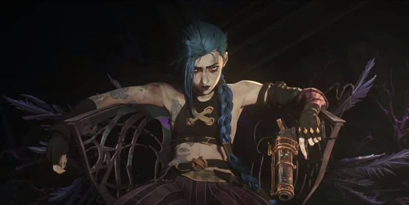 Jinx (voiced by Ella Purnell) is sitting on a chair holding two guns in Arcane Season 1