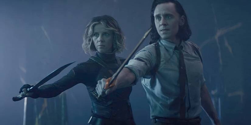 Tom Hiddleston as Loki and Sophia Di Martino as Sylvie confronting He Who Remains