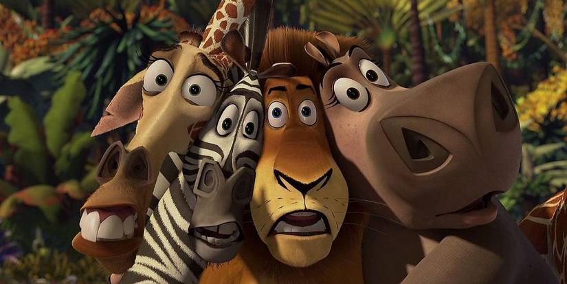 Melvin, Marty, Alex, and Gloria looking at the camera with surprised expressions in Madagascar.
