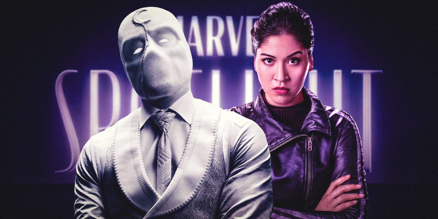 Marvel's Moon Knight and Echo in front of a Marvel Spotlight Banner