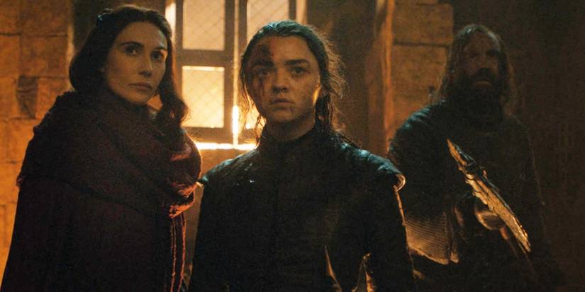 Melisandre, Arya Stark, and Sandor "The Hound" Clegane in Game of Thrones
