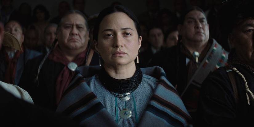 Mollie (Lily Gladstone) sitting in a courtroom in Killers of the Flower Moon