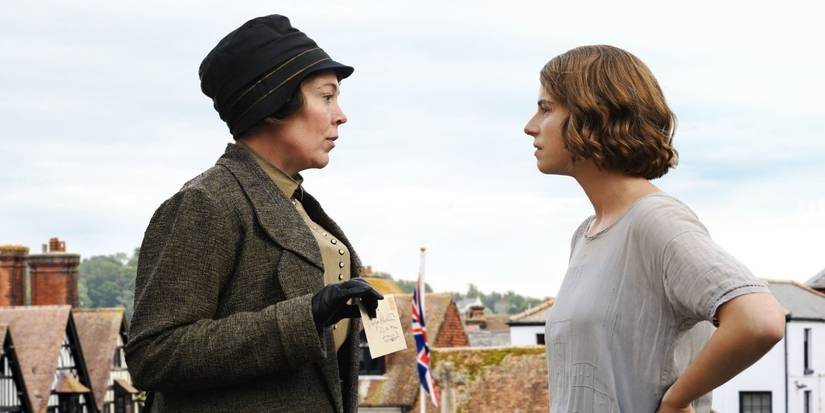 Olivia Colman as Edith Swan talking with Jessie Buckley in Wicked Little Letters