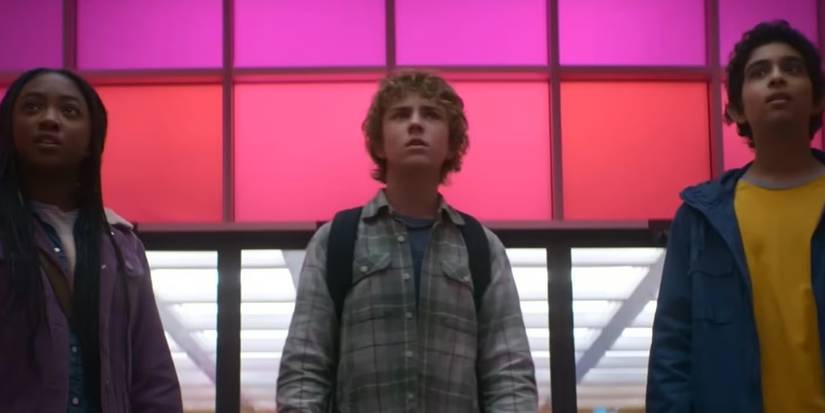 Annabeth (Leah Jeffries), Percy (Walker Scobell), and Grover (Aryan Simhadri) in the Lotus Hotel in 'Percy Jackson and the Olympians'