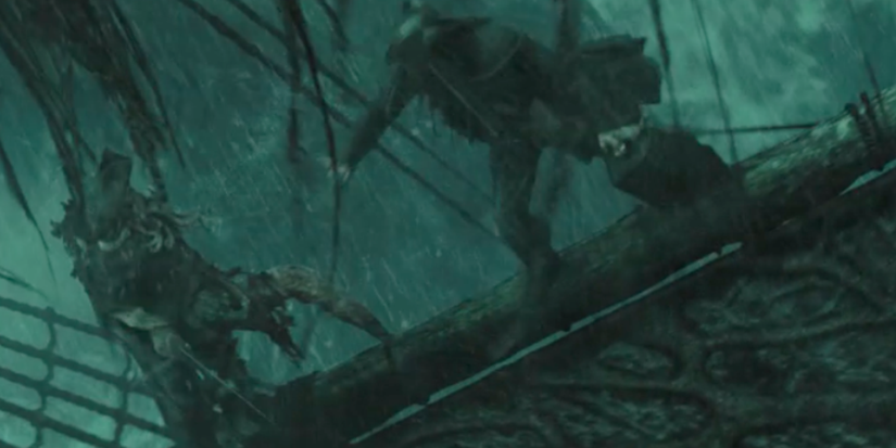 Davy Jones and Jack Sparrow duel atop the Flying Dutchman in the middle of a storm
