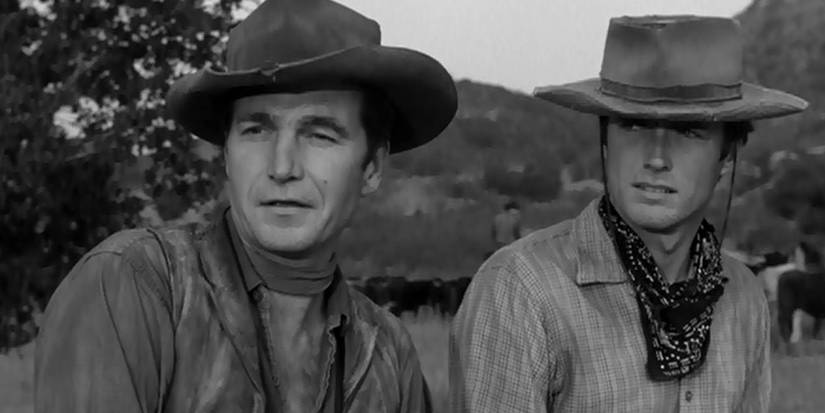 Eric Fleming as Ringmaster Gil Favors and Clint Eastwood as Rowdy Yates in 