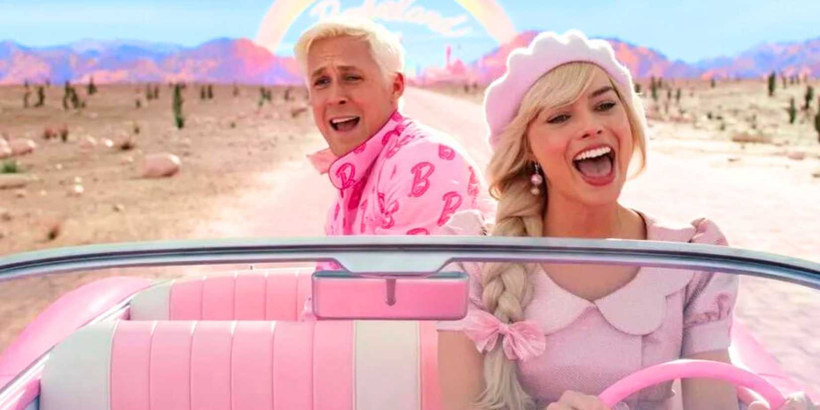 Ken (Ryan Gosling) singing in the back seat of a car with Barbie (Margot Robbie) driving in Barbie