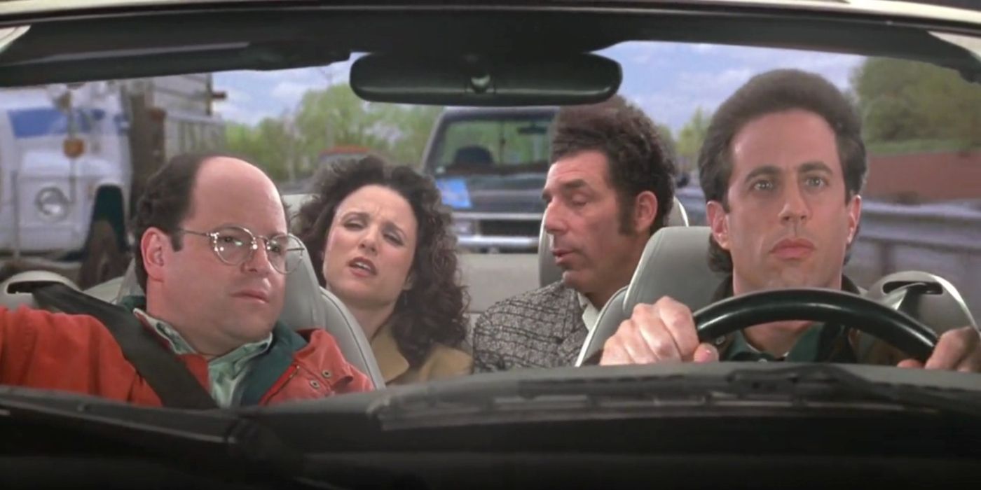 George, Jerry, Elaine, and Kramer in a car on Seinfeld.