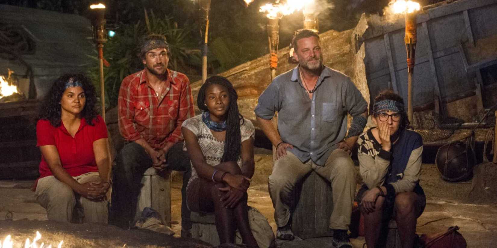 A still from the 4th episode of Survivor: Game Changers, Dirty Deed, featuring the Nuku tribe (consisting of T.J., Sandra, Michaela, Jeff, and Aubry) at tribal council