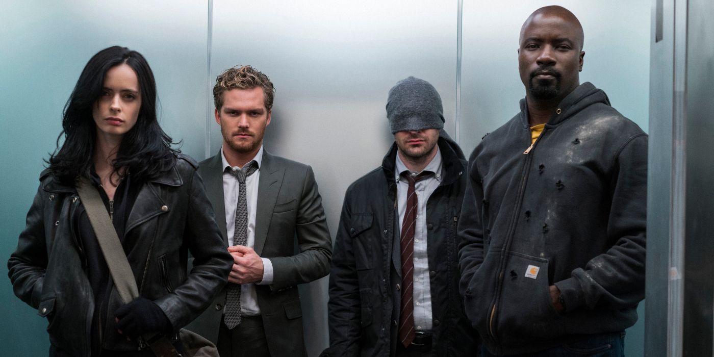 Jessica Jones, Danny Rand, Matt Muedock, and Luke Cage in an elevator in The Defenders.