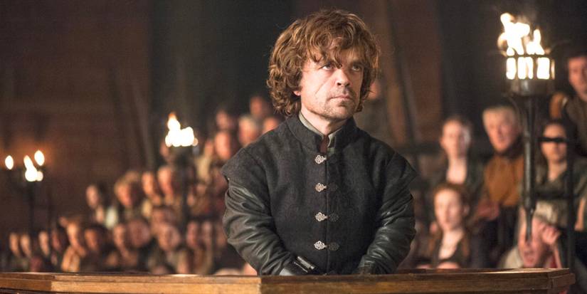 Tyrion Lannister on trial in the throne room of the Red Keep before an audience of nobles in Game of Thrones.
