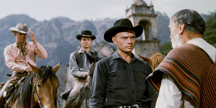 Vin Tanner (Steve McQueen), Chris Larabee Adams (Yul Brynner), Chico (Horst Buccholz), and Old Man (Vladamir Sokoloff) in The Magnificent Seven