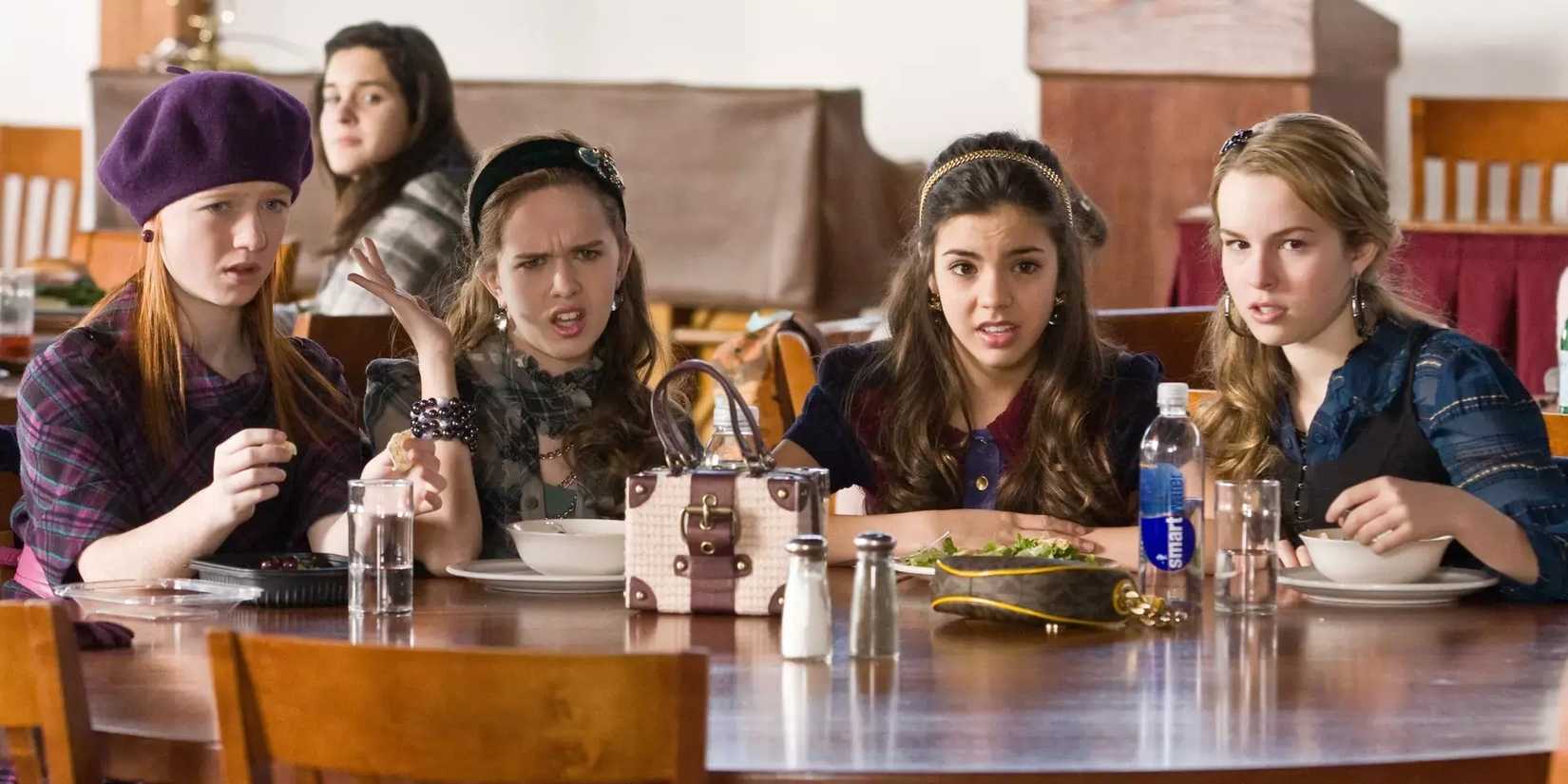 A still from the 2008 teen movie The Clique featuring the four main girls eating lunch together