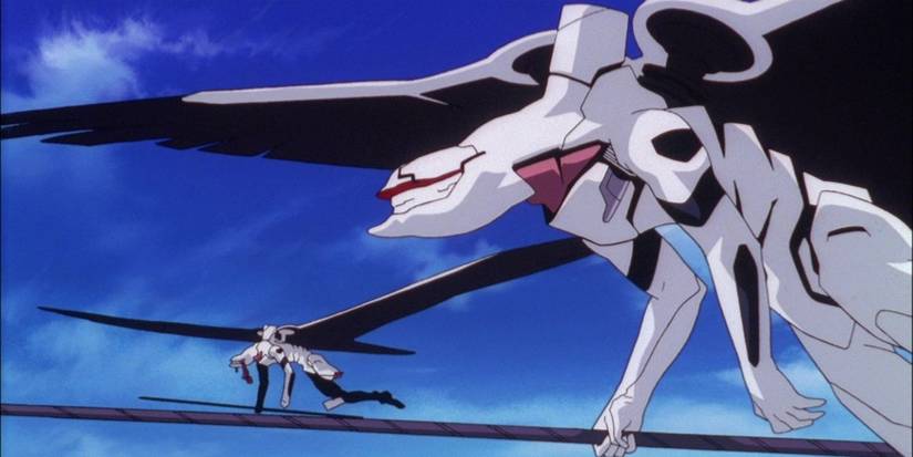 2 Angels fly through the sky with spears in End of Evangelion