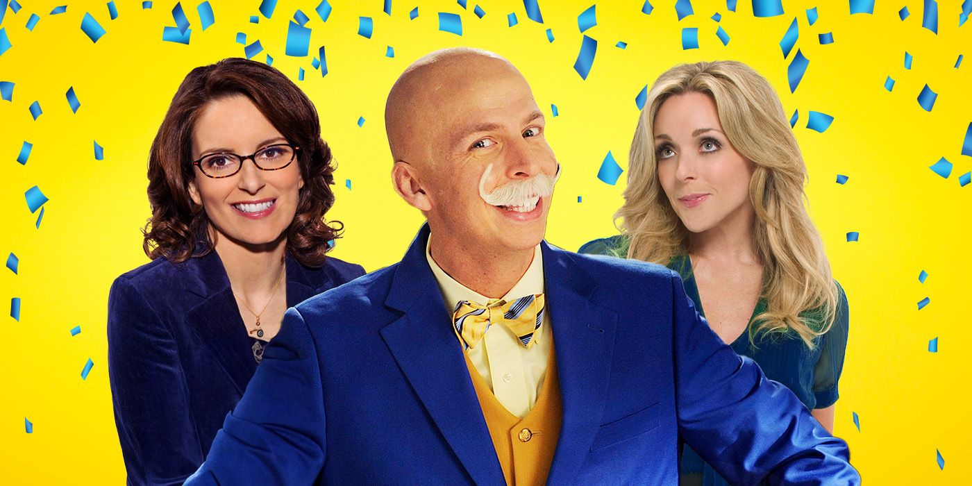 Custom image of Tina Fey, Jane Krakowski, & Jack McBrayer from 30 Rock against a blue and yellow background