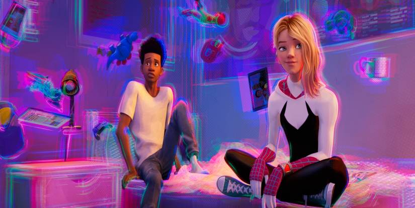 Gwen Stacy and Miles Morales on the bed in Spider-Man: Across the Spider-Verse