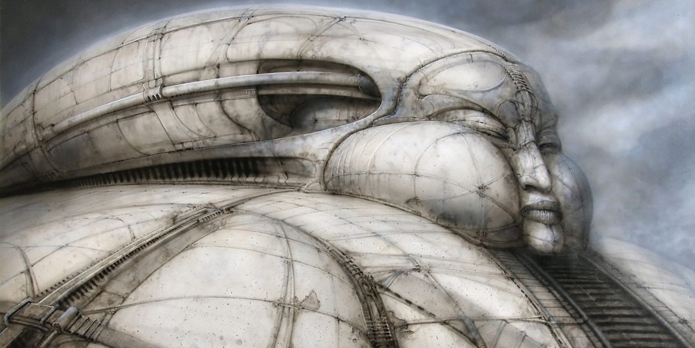 A concept art made by H.R. Giger of the castle of Baron Harkonnen for Alejandro Jodorowsky's Dune adaptation, taken from the documentary Jodorowsky's Dune.