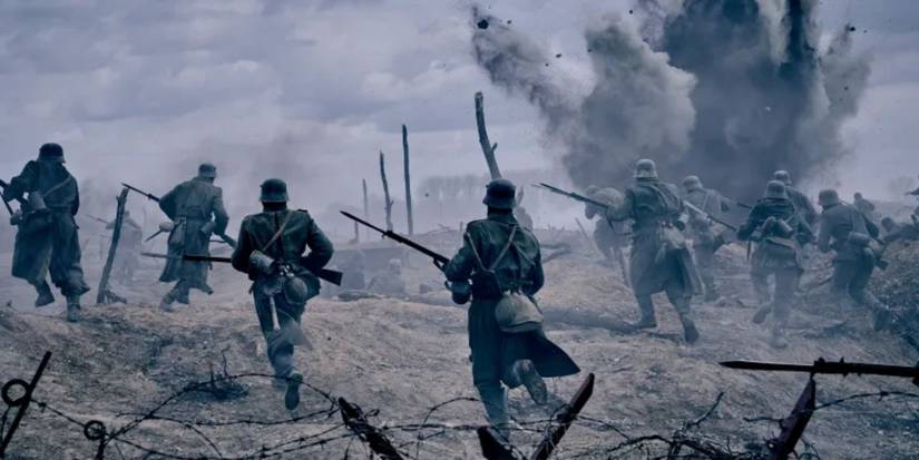German soldiers charge out of the trenches and are met with mortar fire
