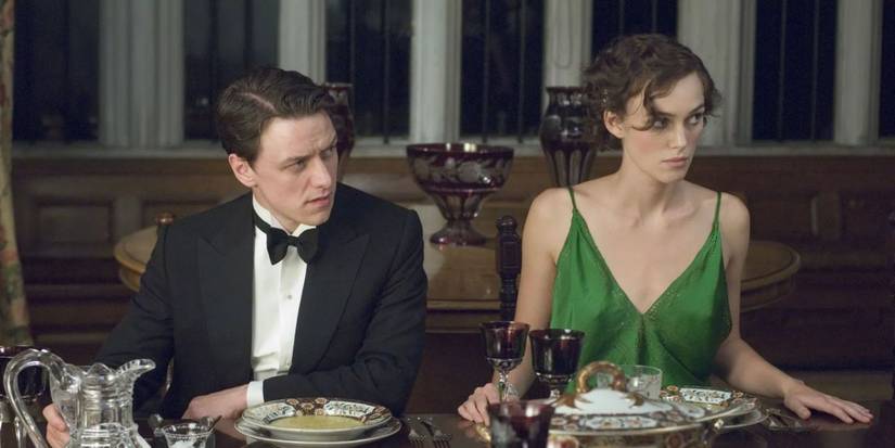 Robbie (James McAvoy) and Cecilia (Keira Knightley) at the dinner table in 'Atonement.'
