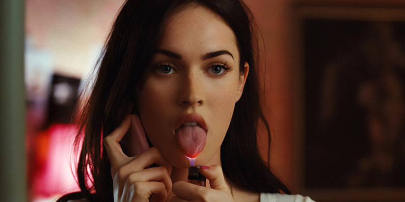 Megan Fox as Jennifer lighting the tip of her tongue with a lighter in Jennifer's Body.