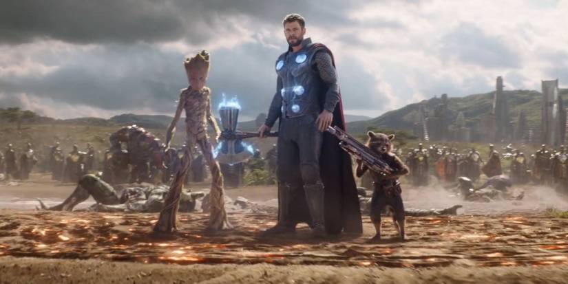 Thor, holding stormbreaker alongside Groot and Rocket in Avengers: Infinity War