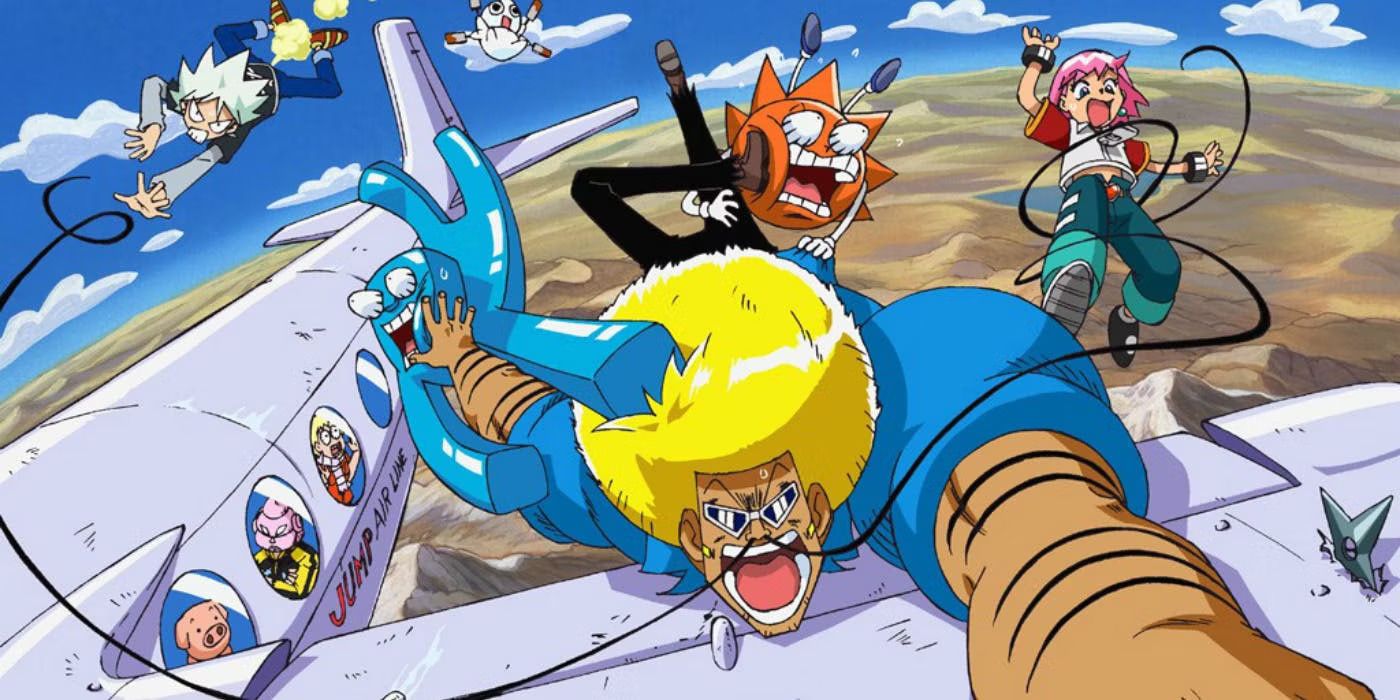 cast of Bobobo-bo Bo-bobo hanging off an airplane