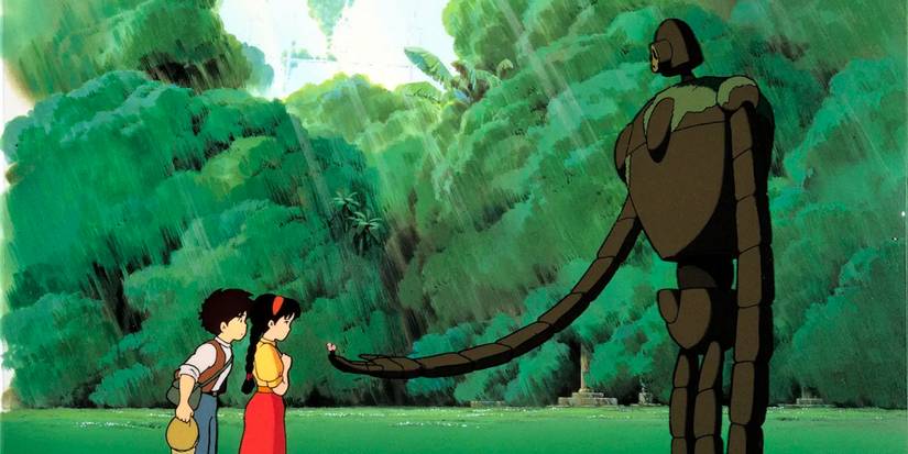 A robot offering a flower to a girl and boy in Castle in the Sky