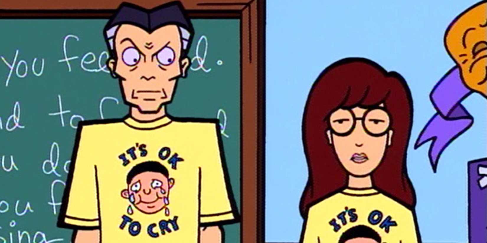 A still from the TV movie Daria: Is it Fall Yet? featuring Daria and an older man wearing 'It's Ok to Cry' t-shirts