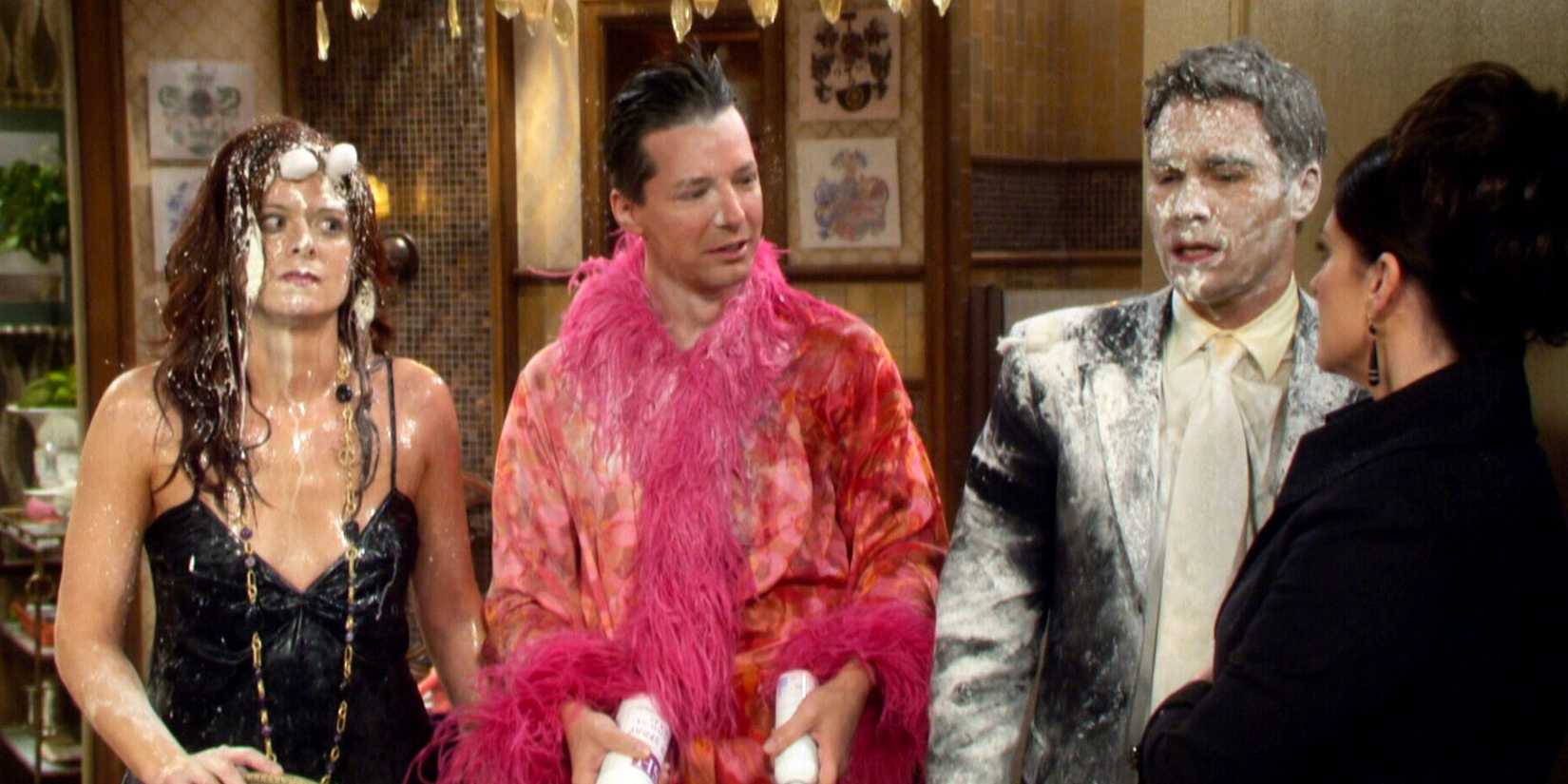 Debra Messing, Sean Hayes and Eric McCormack standing in a line looking at Megan Mullally in Will & Grace