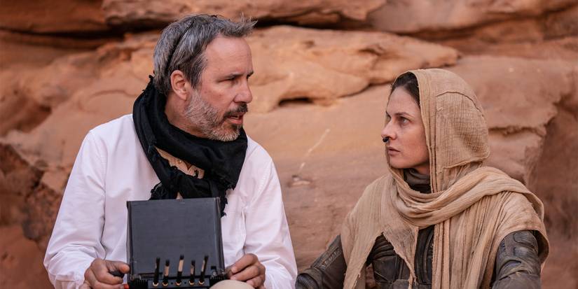 Denis Villeneuve discussing with Rebecca Ferguson as Lady Jessica for Dune: Part Two