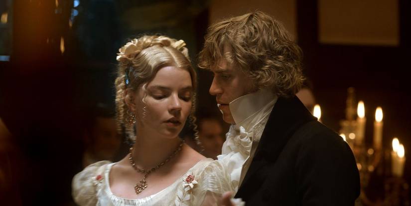 Emma, played by Anya Taylor-Joy, dancing with Mr. Knightley, played by Johnny Flynn, in Emma
