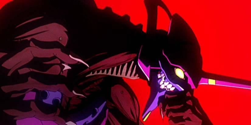 Evangelion Unit 1 smiling against a red background in End of Evangelion