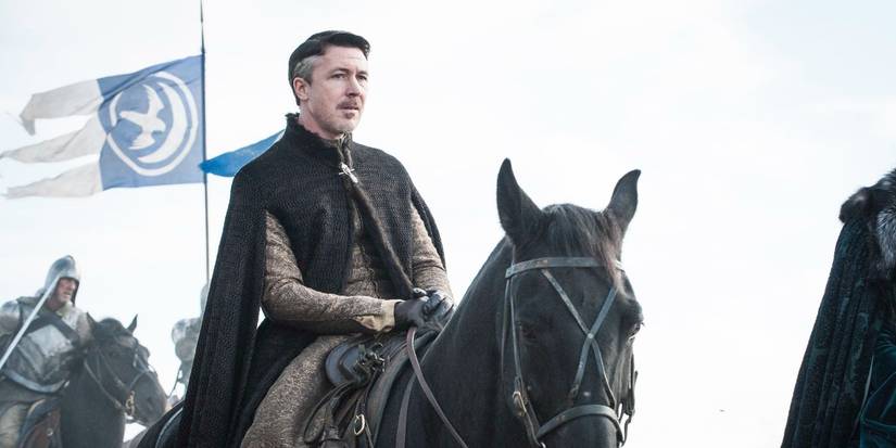 Petyr Baelish, played by Aidan Gillen, on a horse