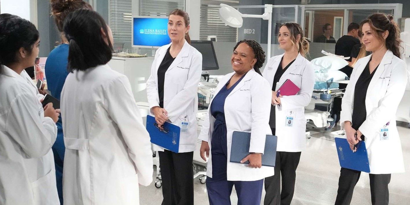 Kate Walsh, Chandra Wilson, Camila Luddington, and Stefania Spampinato as Addison, Bailey, Jo, and Carina in Grey's Anatomy