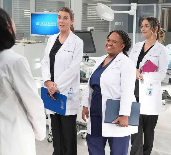 Kate Walsh, Chandra Wilson, Camila Luddington, and Stefania Spampinato as Addison, Bailey, Jo, and Carina in Grey's Anatomy