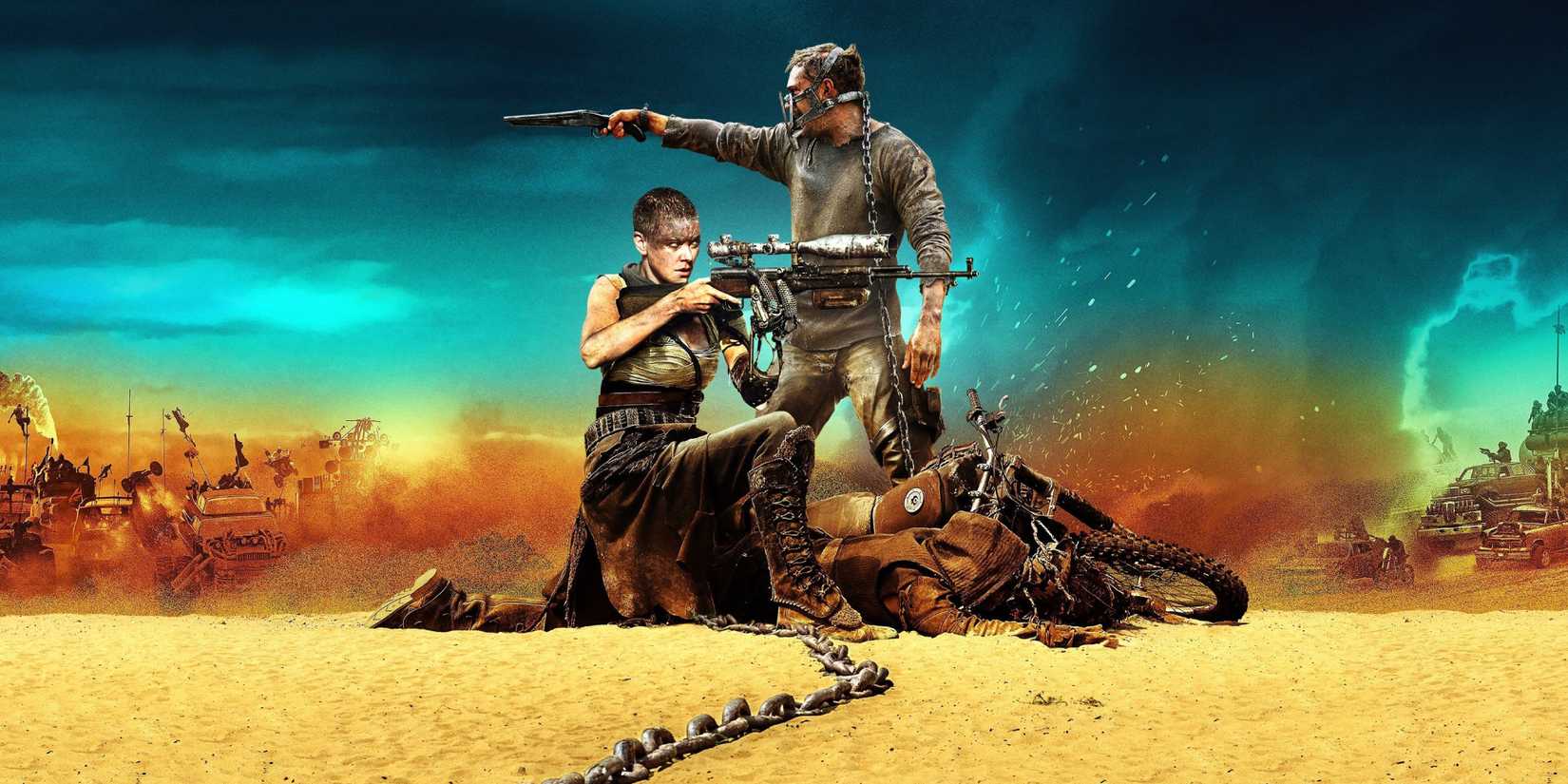 Max and Furiosa pointing guns in opposite directions in the 'Mad Max: Fury Road' Poster.