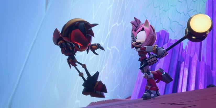 Mecha Amy hitting Chaos Amy with her hammer in Sonic Prime