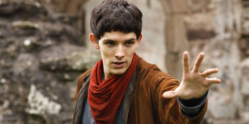 Colin Morgan as Merlin, sticking his hand out to cast magic in Merlin.