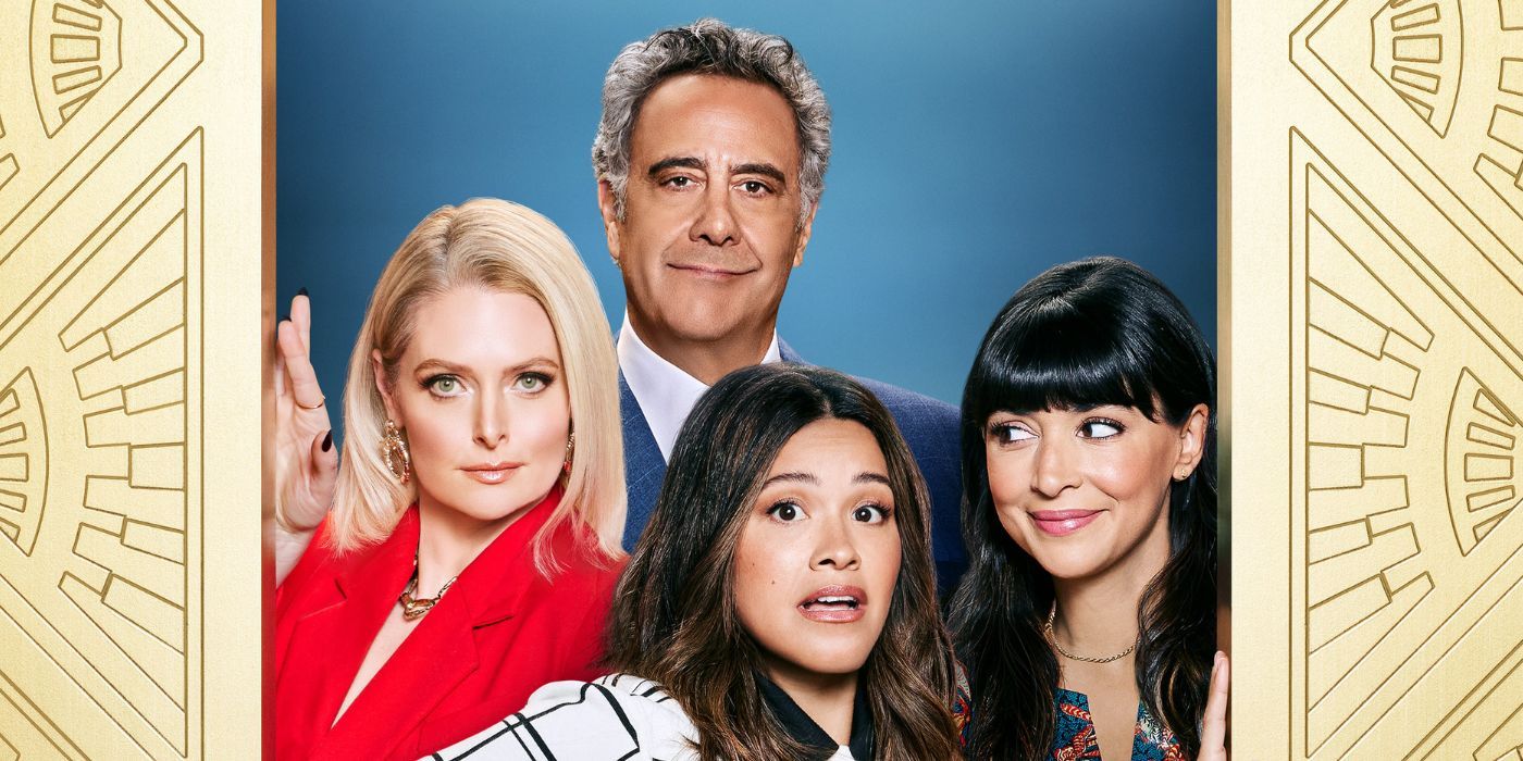 Gina Rodriguez, Brad Garrett, Lauren Ash & Hannah Simone in an elevator in Not Dead Yet 