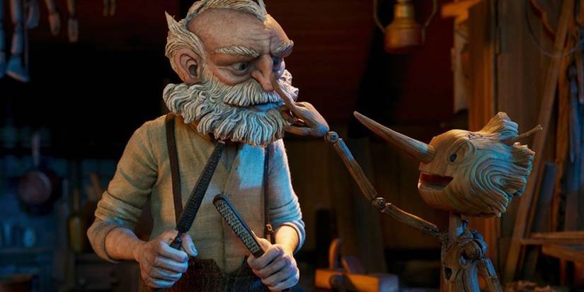 Pinocchio touching Gepetto's nose in Guillermo del Toro's Pinocchio.