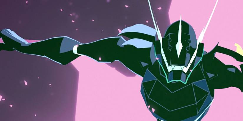 Armored mech standing in a battle pose in Promare