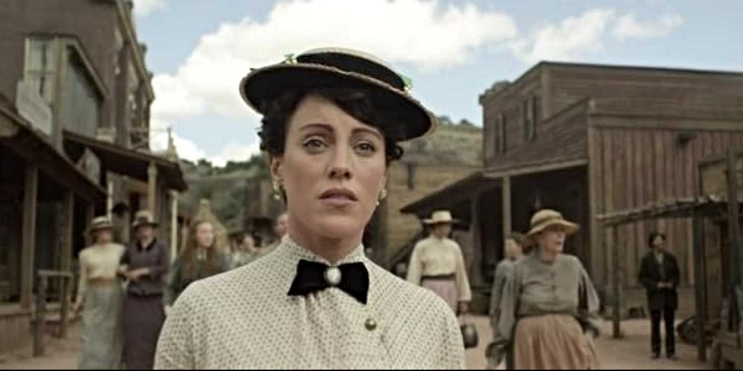 Close up of Charlotte Temple (Samantha Soule) in a western town in Godless.