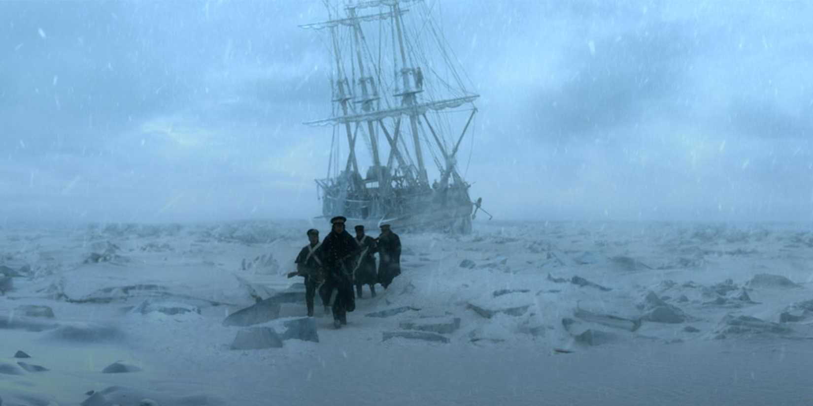 Soldiers walking from a stranded ship in a snow and ice covered lake from The Terror