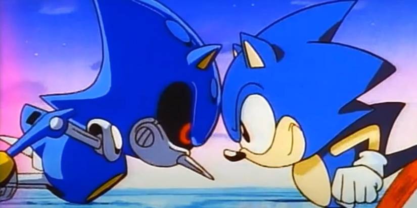 Sonic and Metal Sonic bashing heads during battle in Sonic the Hedgehog: The Movie