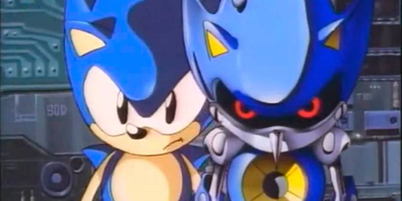 Sonic standing behind Metal Sonic looking seriously in Sonic the Hedgehog: The Movie
