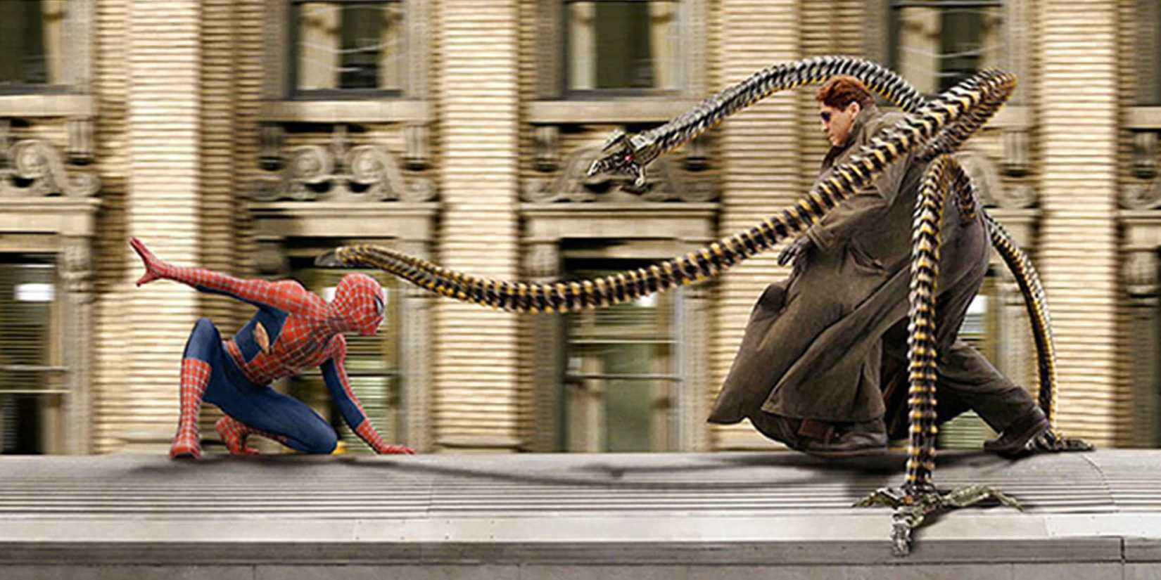 Spider-Man/Peter Parker (Tobey Maguire) fights Doctor Octopus (Alfred Molina) on a train in Spider-Man 2