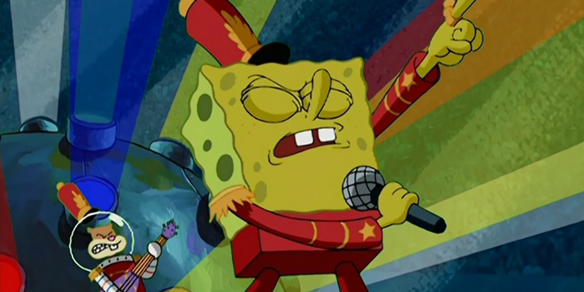 SpongeBob dressed in a band uniform holds a microphone and poses in SpongeBob SquarePants.