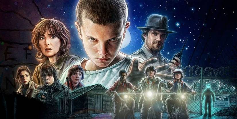 A season 1 promotional image for Stranger Things with the whole cast in character