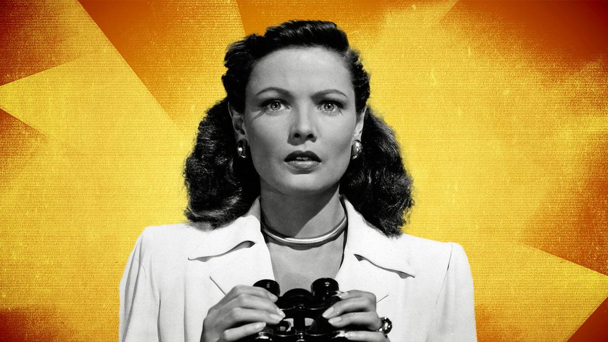 A black and white image of Gene Tierney holding a pair of binoculars and looking straight ahead against an orange and white background for the movie Leave Her To Heaven