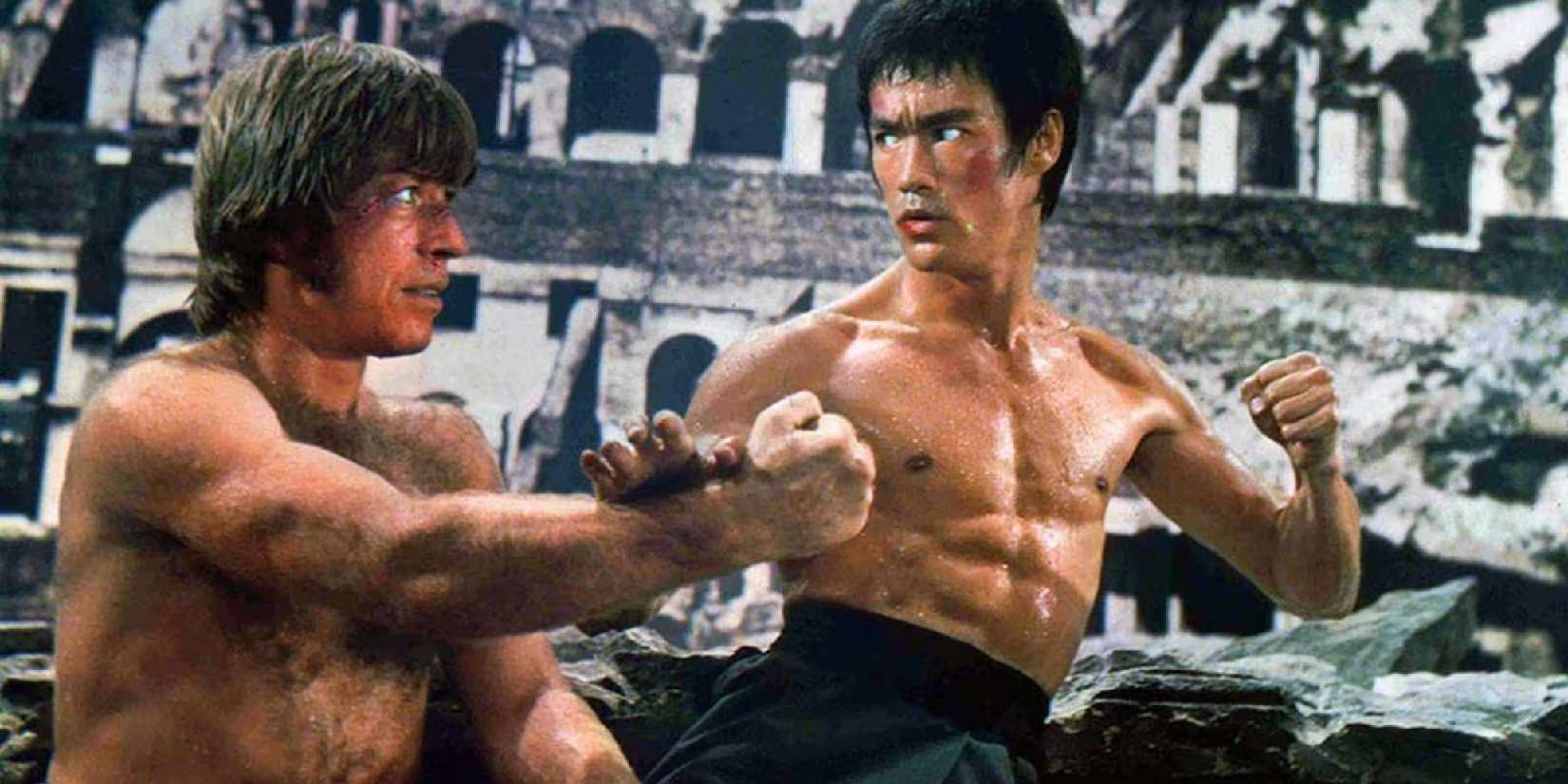 Two shirtless men fighting in The Way of the Dragon - 1972